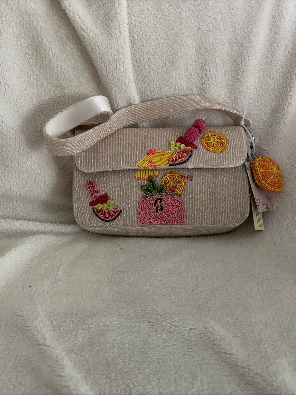 Beaded Embellished Crossbody Bag - Neutral Pink Accents Drinks & Orange Charm